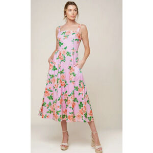 Flying Tomato Pink Rose Print A-Line Spaghetti Strap Midi Dress Size Large